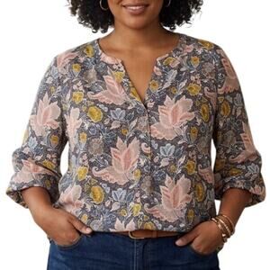 Tahari Floral Popover Tunic Womens Size 2X Gray Pink Flowy Top